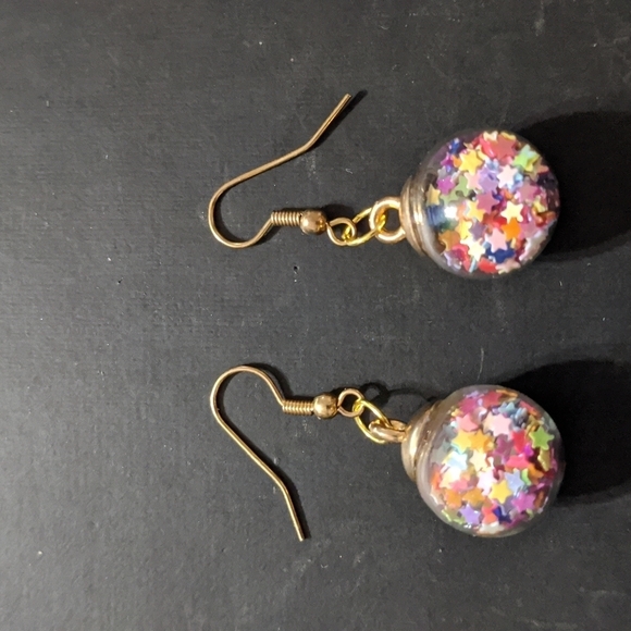 Gold Tone Rainbow Star Filled Balls Dangle Statement Earrings - Picture 1 of 3